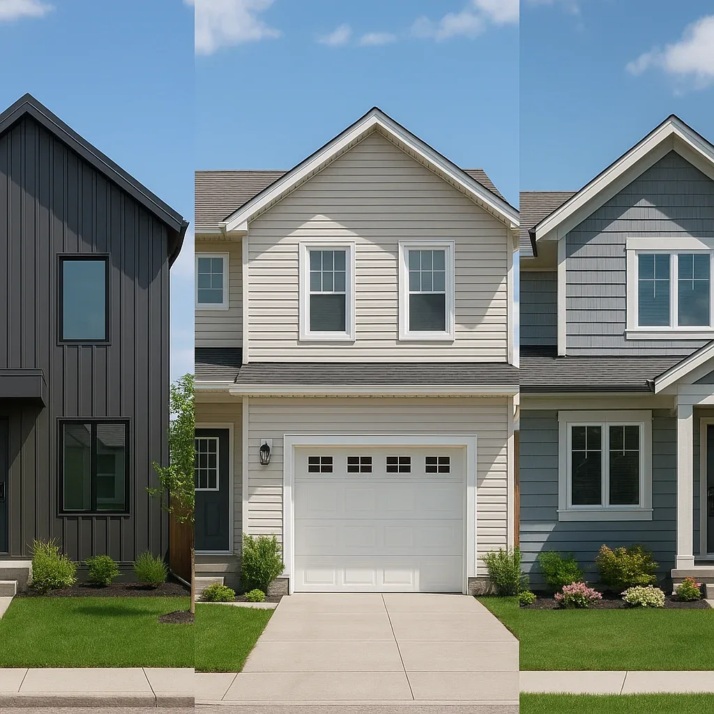 Side-by-side comparison of Canadian homes with metal siding, vinyl siding, and Hardie board, showing differences in durability and style.