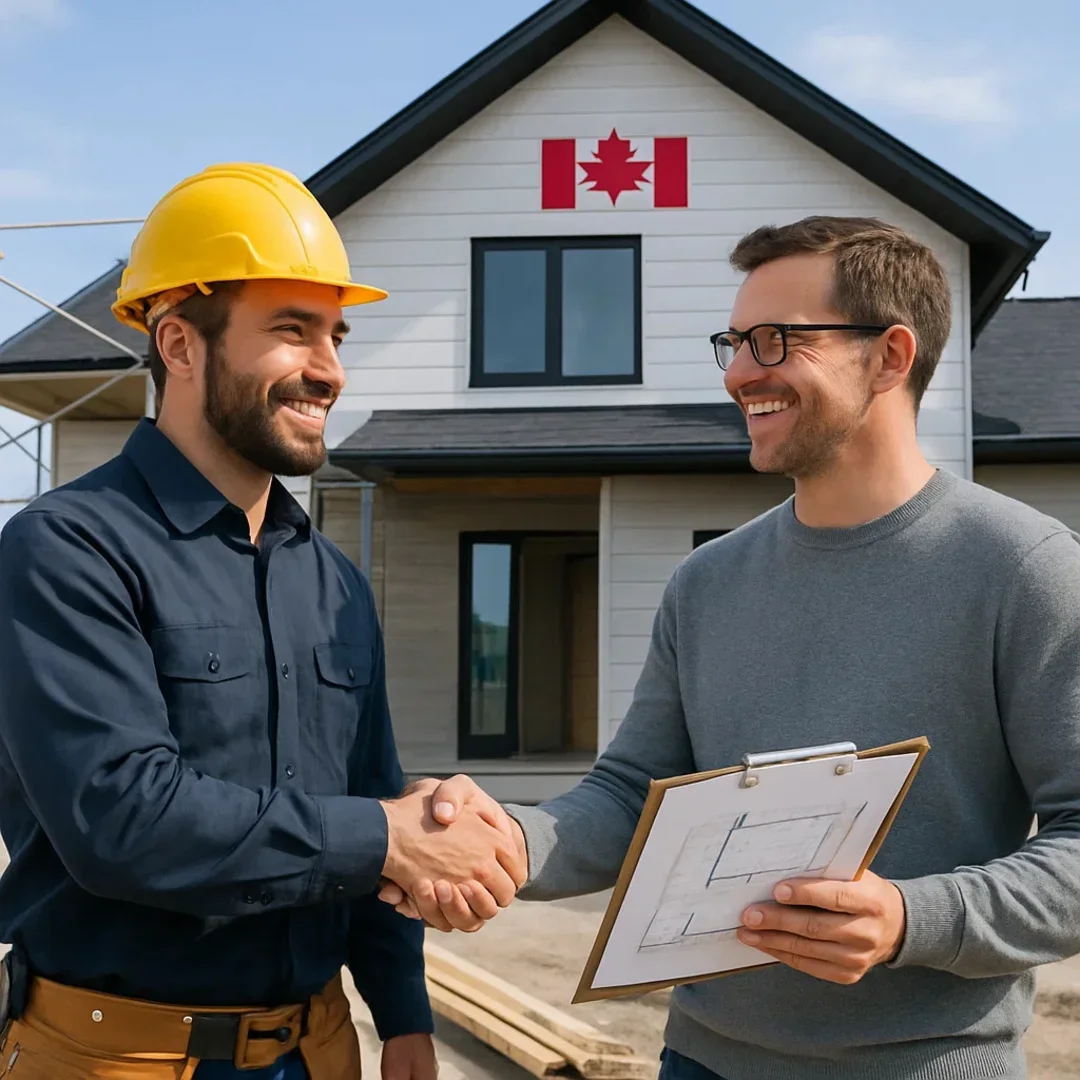 Homeowner and contractor shaking hands in front of a new house in Canada