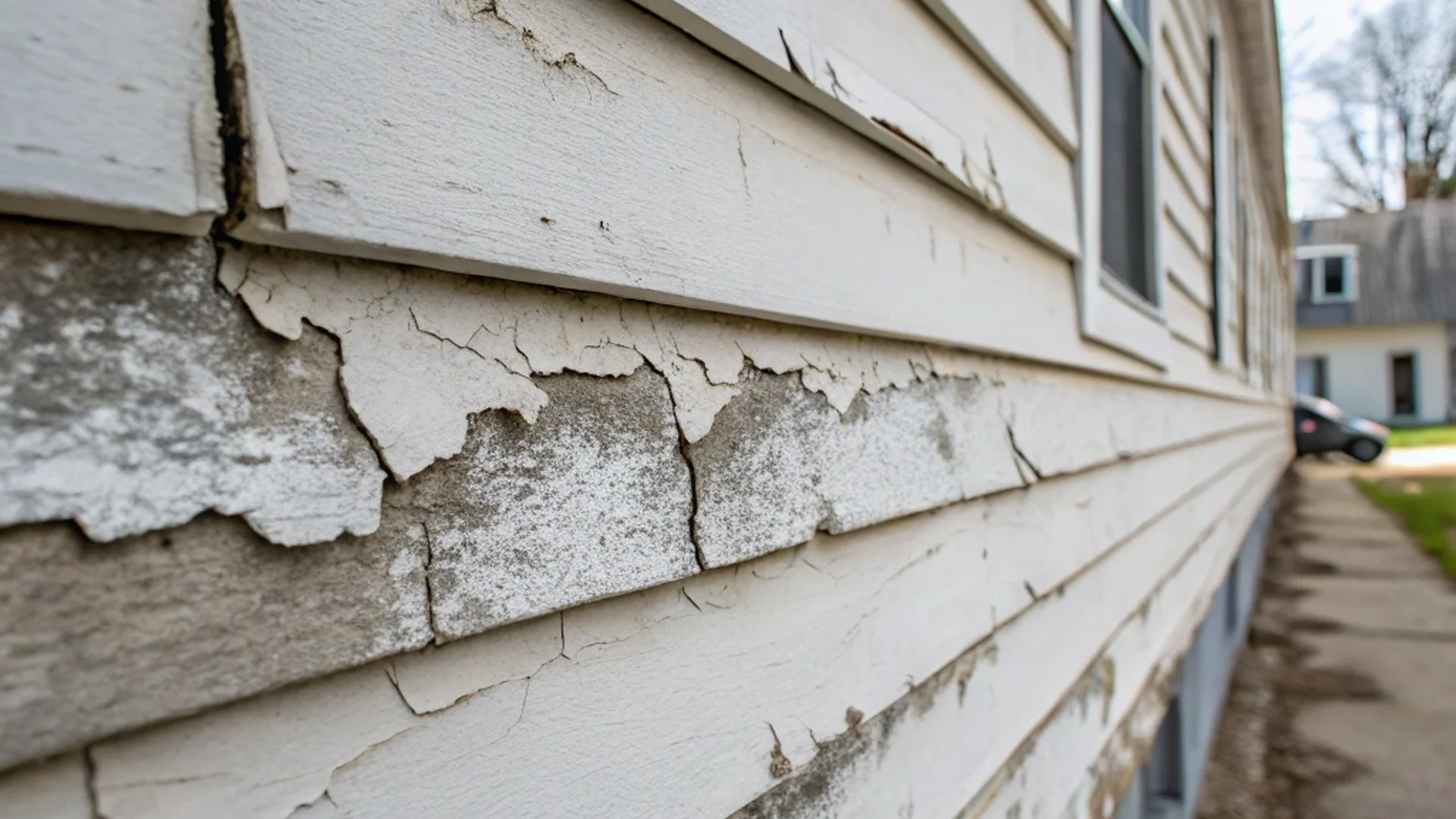 Close-up of a damaged house wall with cracked, peeling, and faded siding — showing the effects of cheap siding and poor installation in Canadian weather.