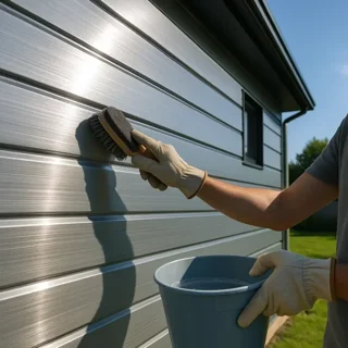 Homeowner cleaning metal siding