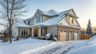 A modern Canadian home with clean roof and siding covered in fresh snow, illustrating proper winter preparation for exterior maintenance.